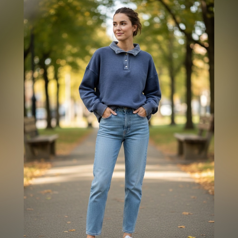 American Eagle Blue Fleece Henley Snap Pullover Sweatshirt